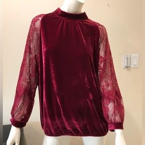 john Mark Women’s velvet top with lace sleeves/Merlot/nwt